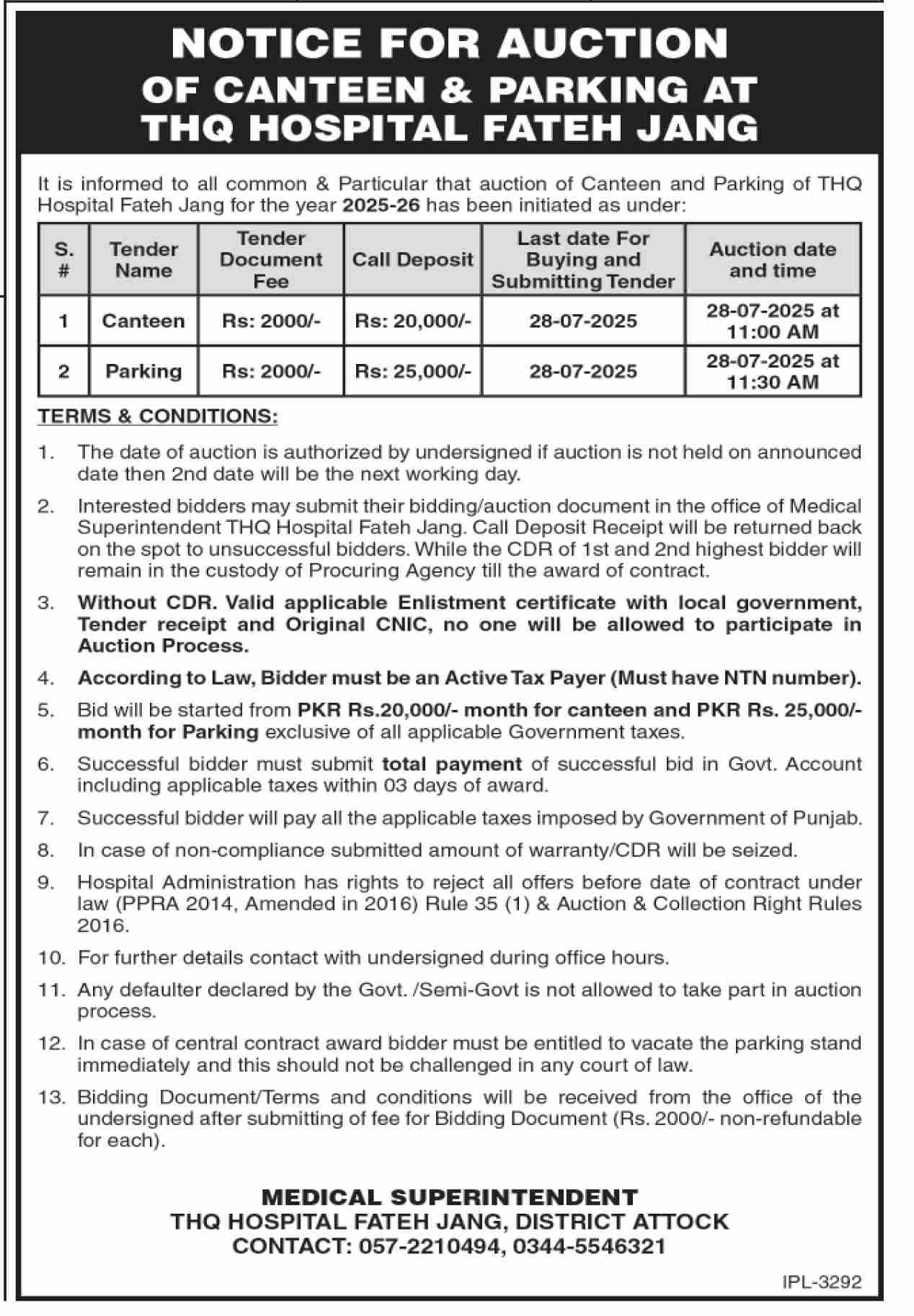 THQ Hospital Fateh Jang Attock Tender Notice